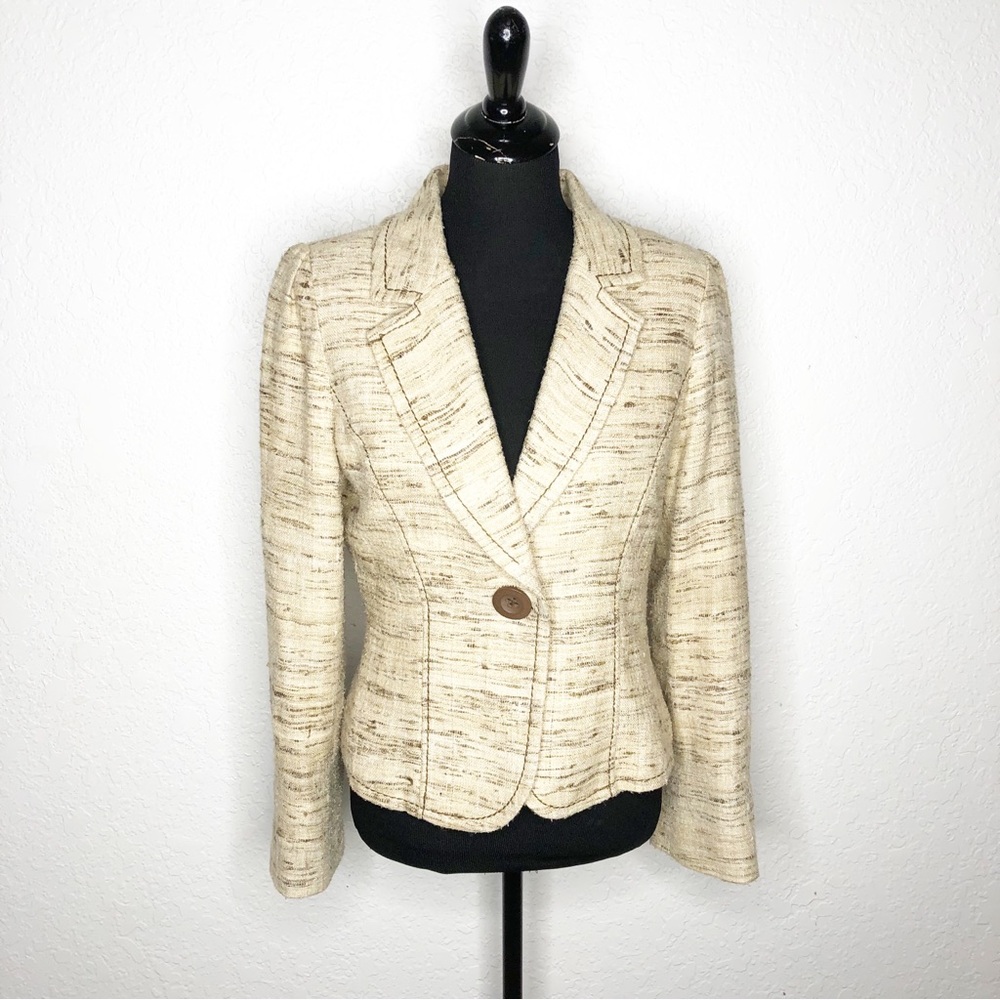 WHBM tan brown raw silk tweed button front blazer size 12 office business preppy